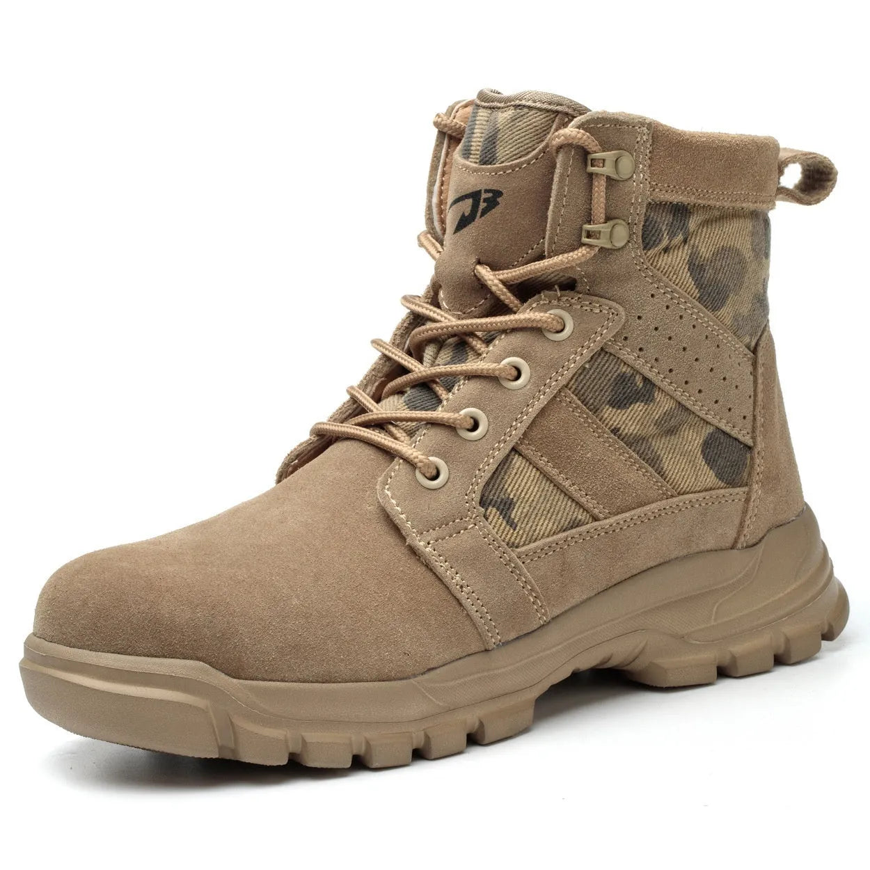 Khaki suede high-top combat boots with a steel toe cap and lace-up front.
