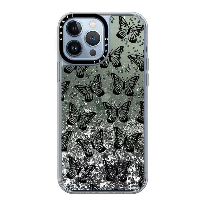 Transparent PC iPhone case with black butterfly cartoon sprayed design and fall prevention function.
