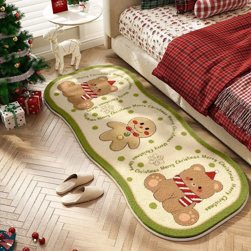 Christmas-themed imitation cashmere floor rug with festive pattern options on a wooden floor.