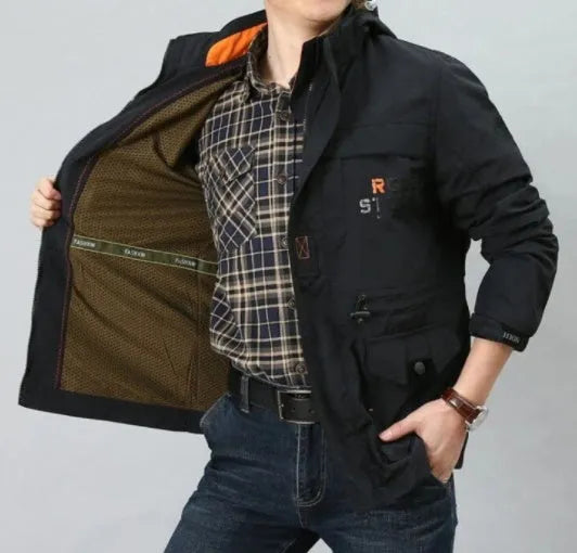 Men's spring thin jacket with hood and stand collar in black, waterproof nylon shell, available in sizes M to 4XL