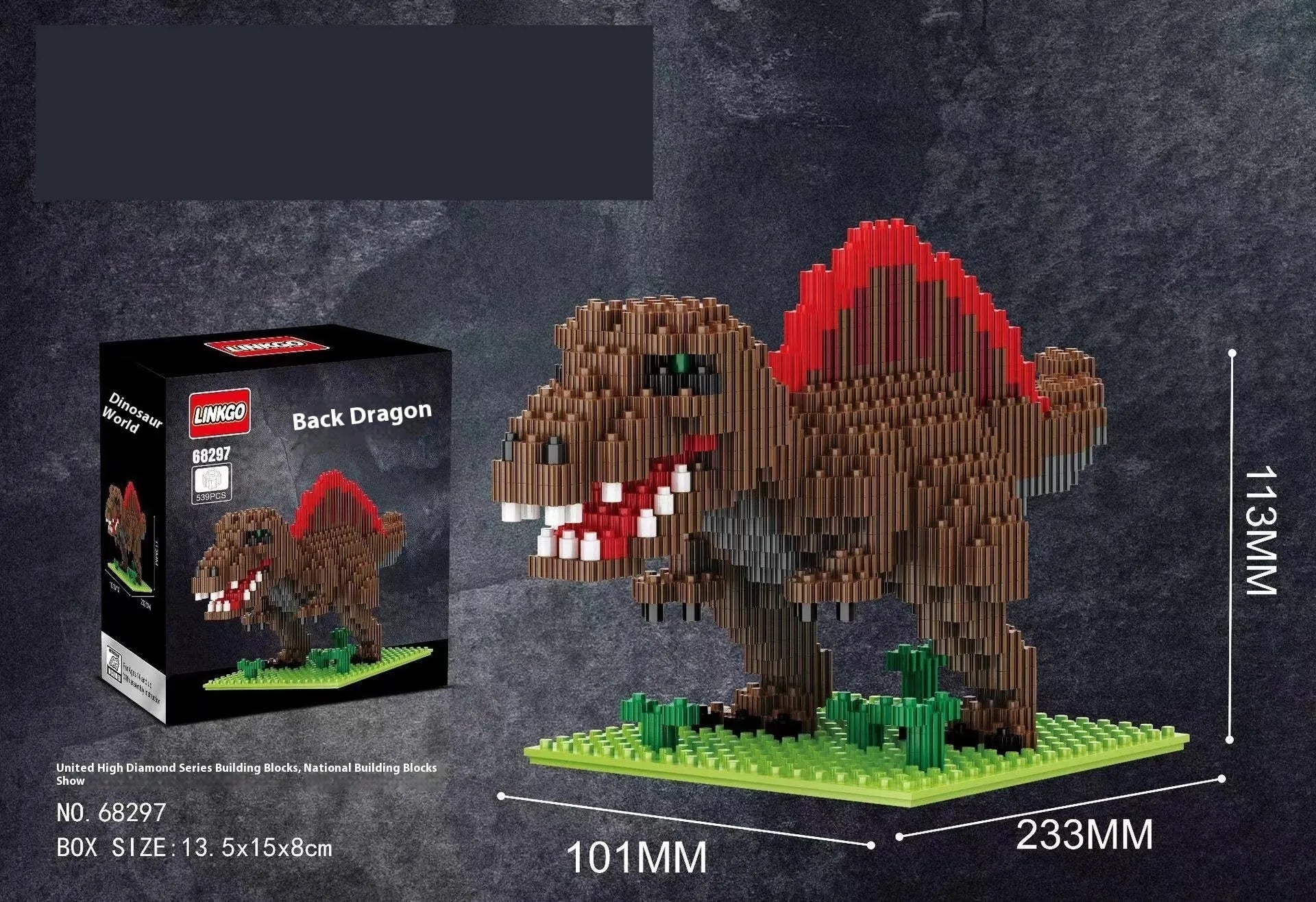 Dinosaur model building blocks set with small diamond particles in colour box packaging