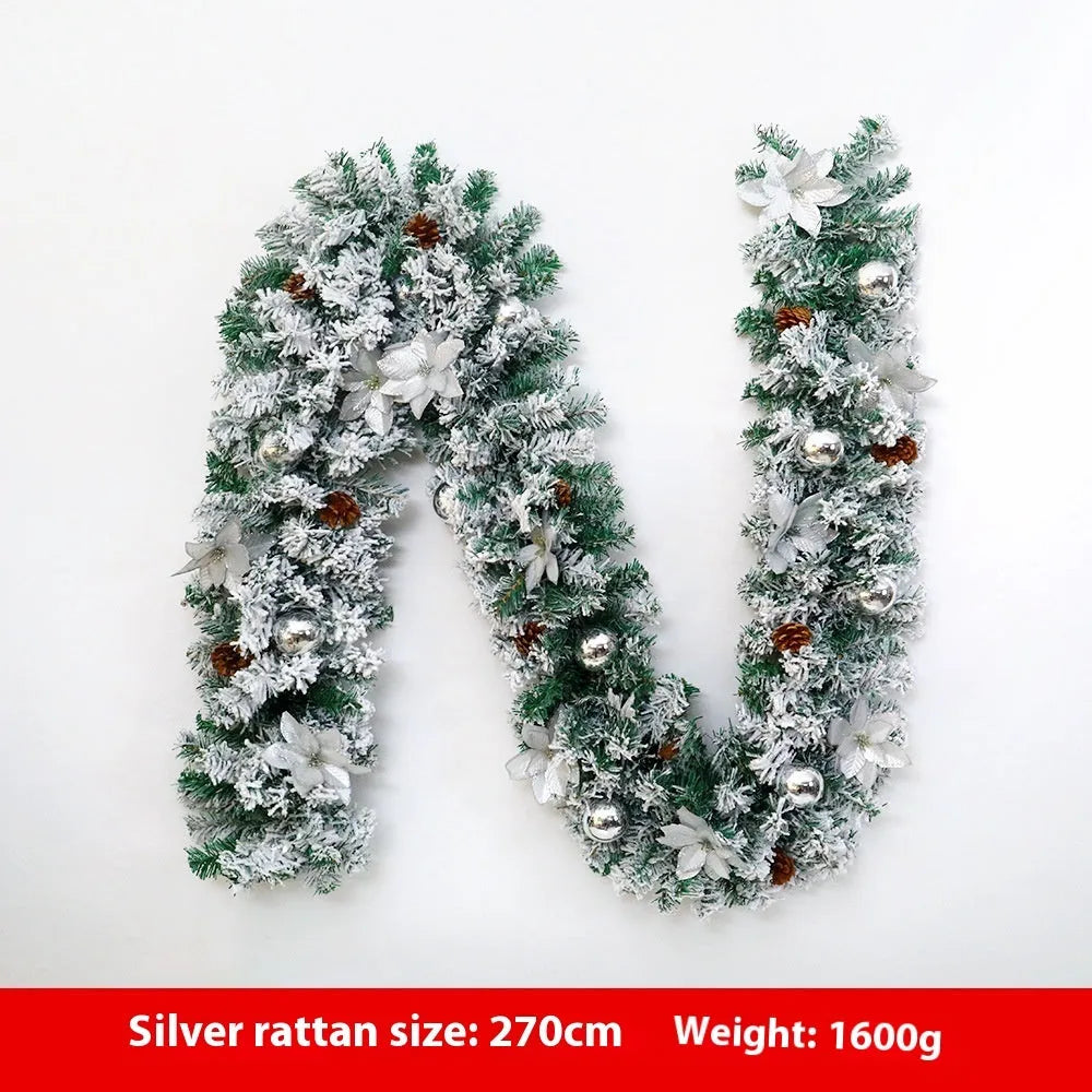 American-style PVC Christmas rattan garland with white flocking, shown draped in golden and red colour options.