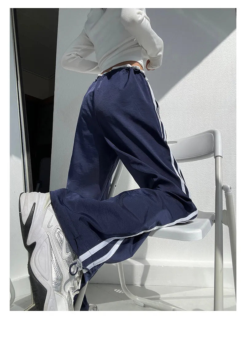 Women's loose straight-leg trousers with ribbon parallel bars contrast colour design in navy blue