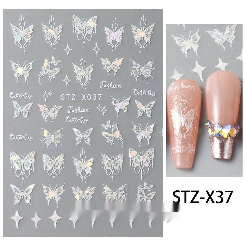 Cartoon-themed nail art sticker sheet with black and silver strip patterns and love motifs