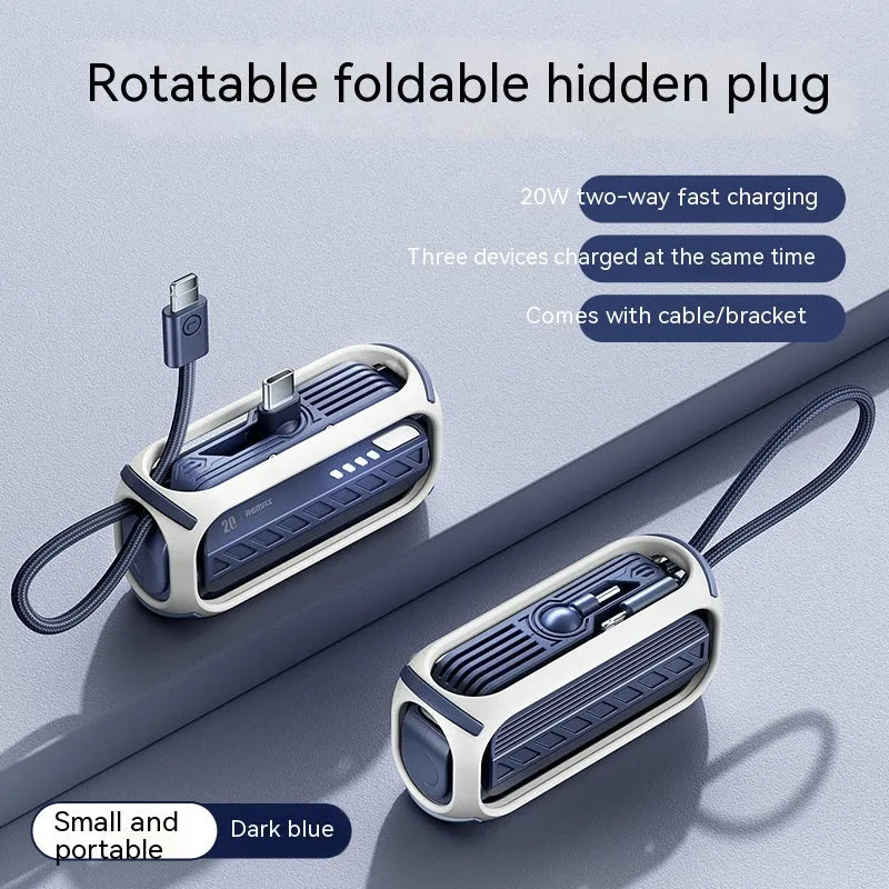 Capsule 20W fast charge folding bracket 5000mAh mini power bank in grey with built-in cables