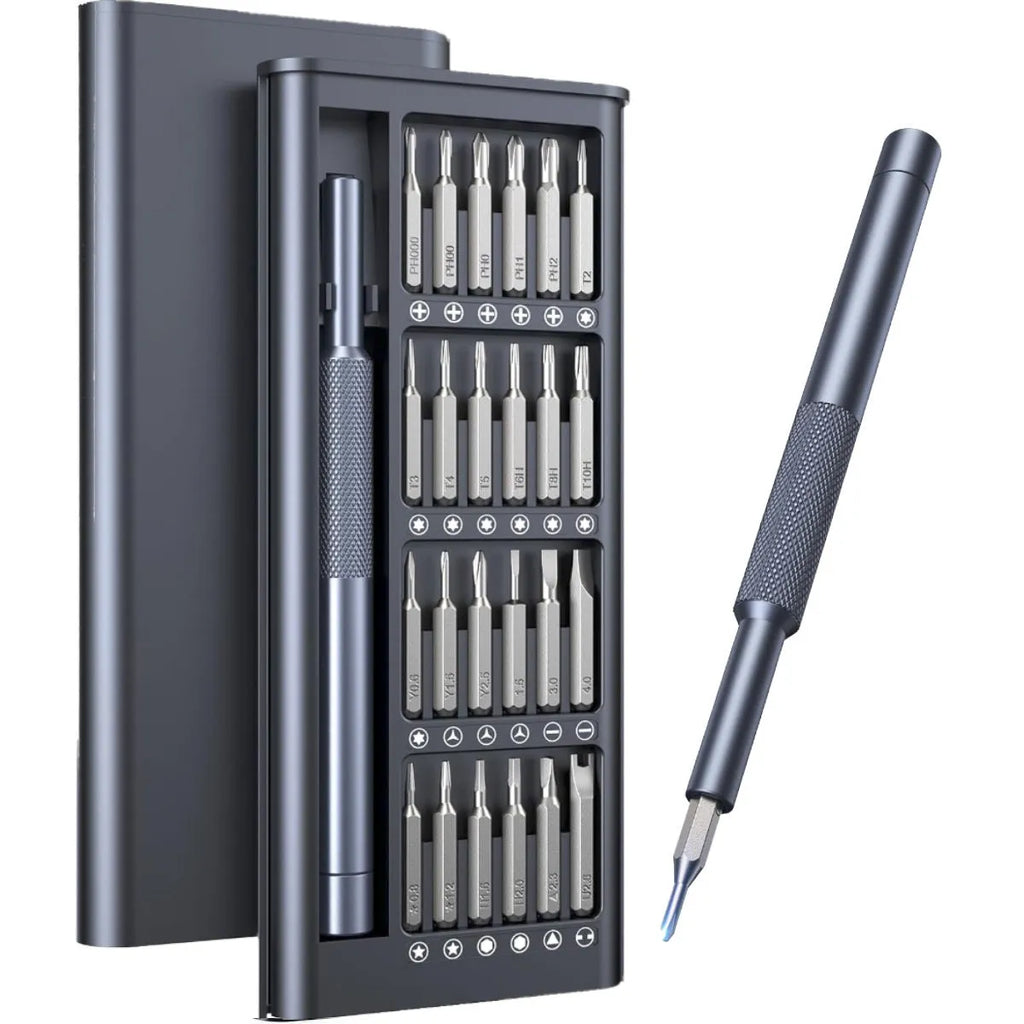 25-in-one magnetic precision screwdriver set with knurled black handle and multiple bits.