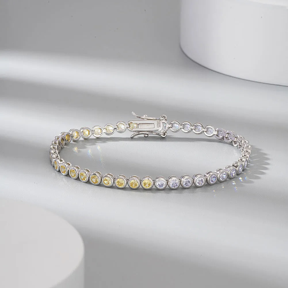 S925 sterling silver two-tone zircon bracelet with round geometric links and electroplated finish