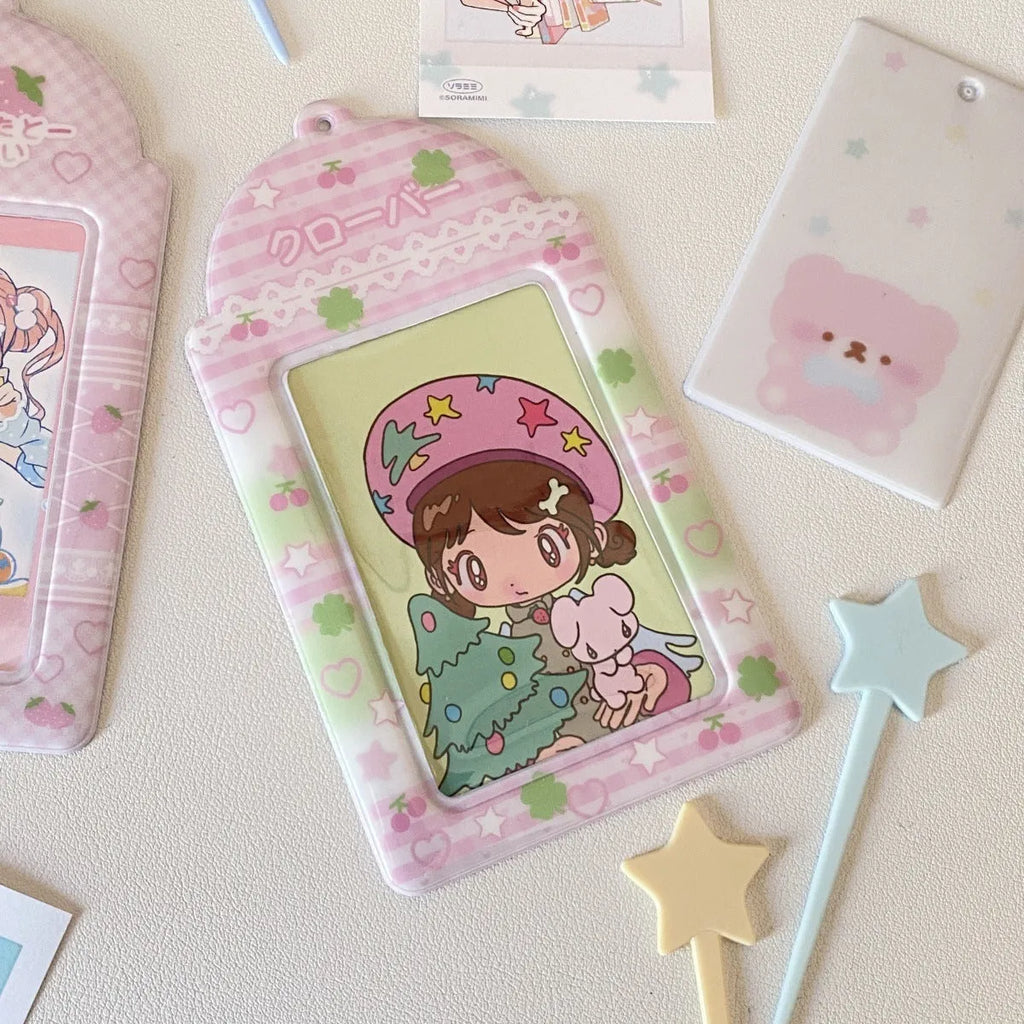 Plaid strawberry cartoon design PVC card holder measuring 7.6 by 13.6 centimetres.