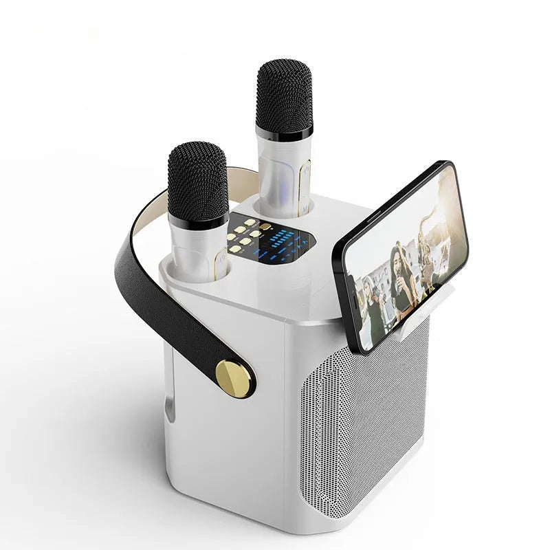 Dual stereo portable karaoke speaker in black or white with two microphones, 143 x 168 x 171 mm