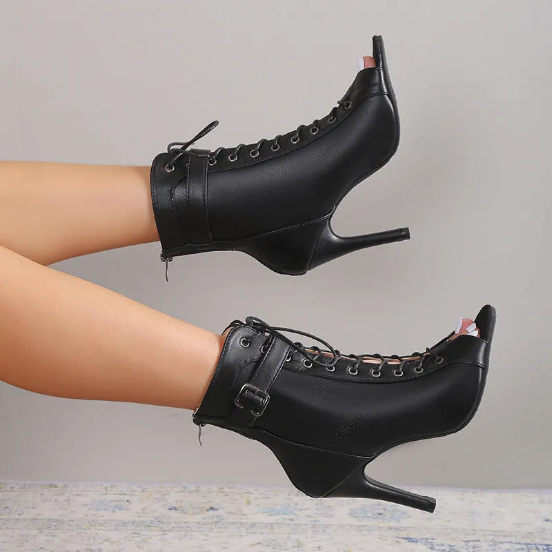 Women's black PU peep toe high heel pumps with lace-up buckle front and back zipper