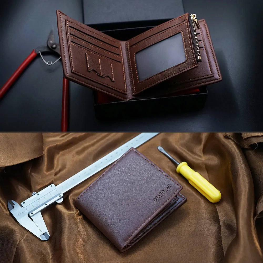 Men's leather zip wallet in classic colour, presented in a gift box.
