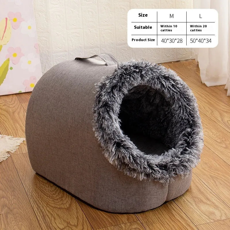 Fleece-lined cat nest closed sleeping bag for autumn and winter, portable, gray colour, size L, on floor