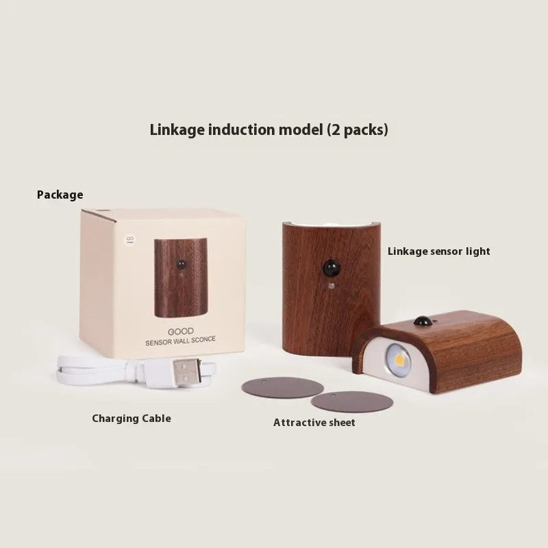 Solid wood pattern linkage human body induction LED light with warm white glow, Sapele finish
