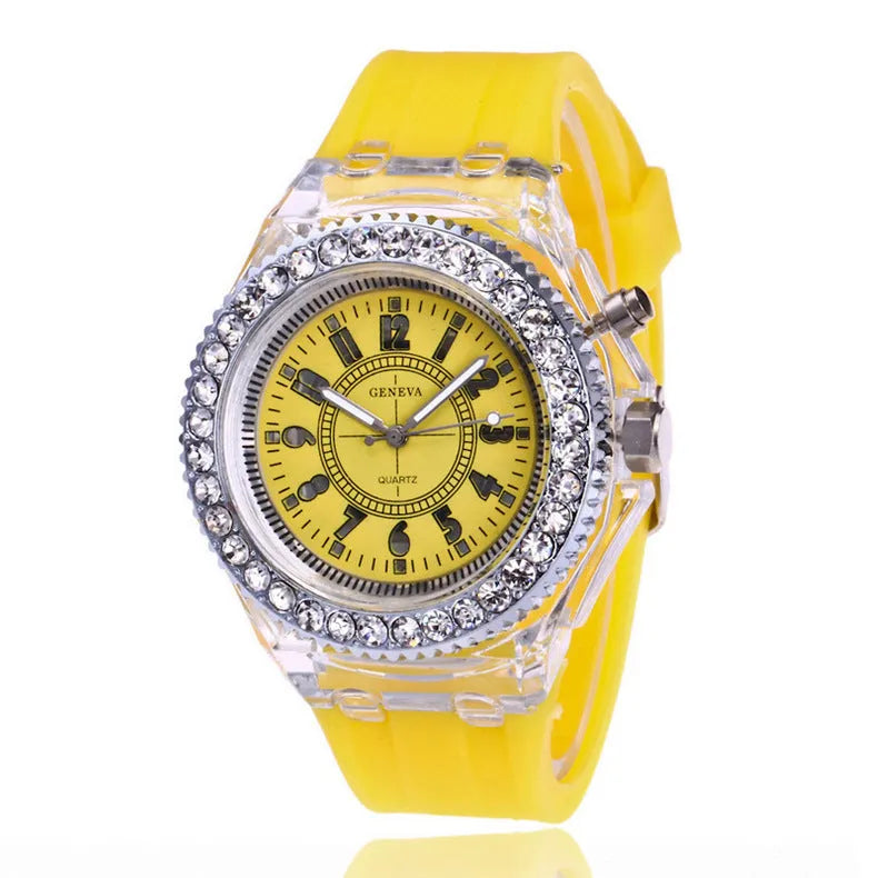 Geneva women’s LED luminous quartz watch with silicone strap, 43mm round alloy case, and pin buckle