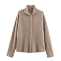 Khaki Korean-style casual high-neck pullover cardigan with stripe colour block and patchwork splicing for women
