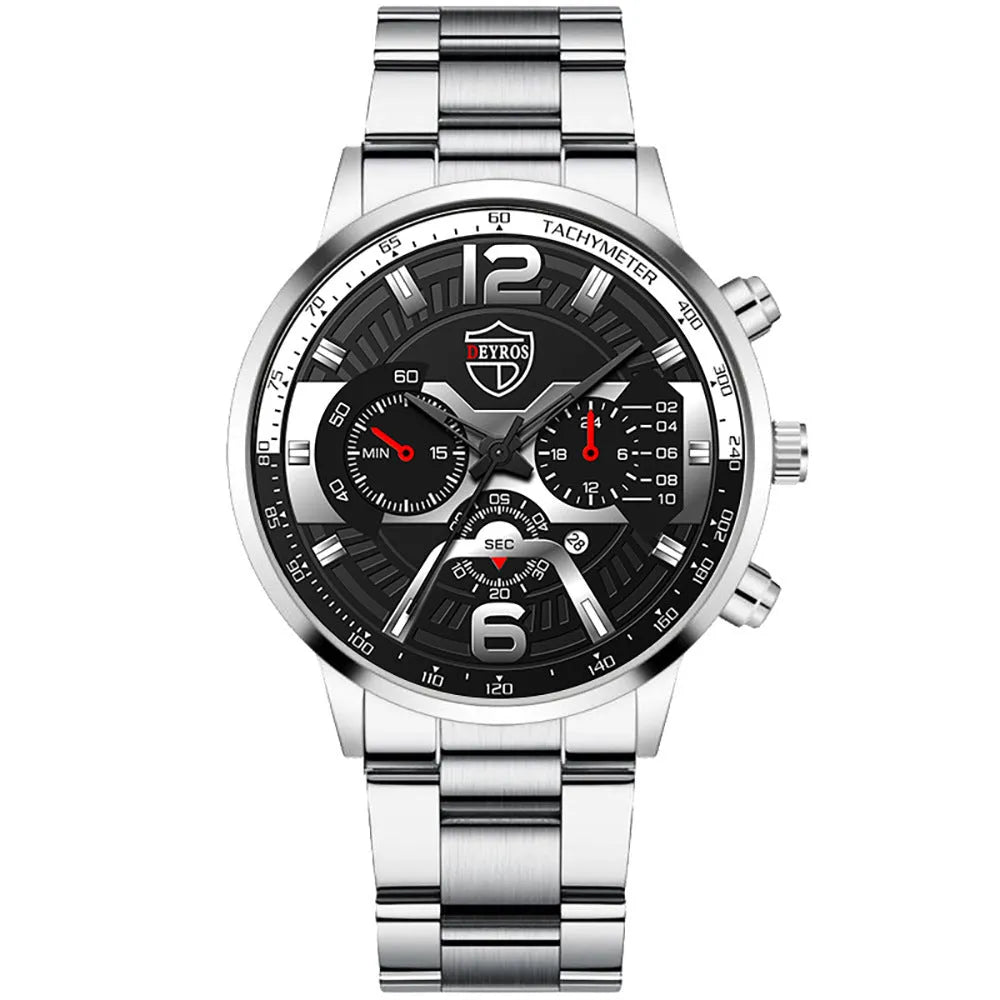 Men's stainless steel quartz watch with 40mm dial and date window on black background