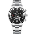 Men's stainless steel quartz watch with 40mm dial and date window on black background