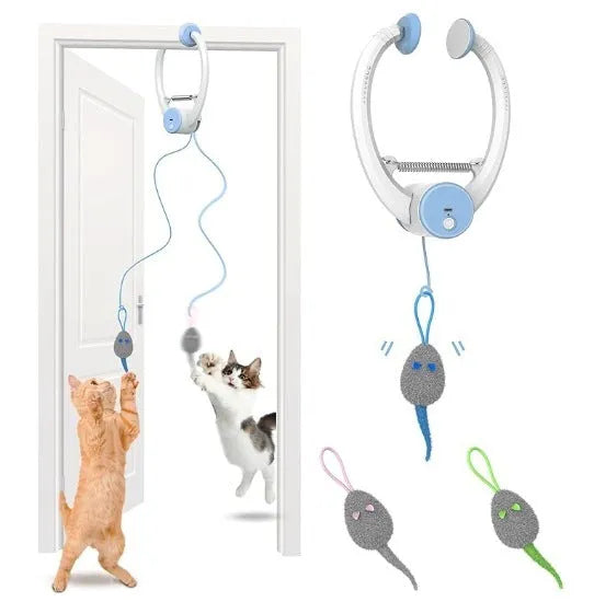 Electric beating mouse cat toy hanging from door holder in pink plastic