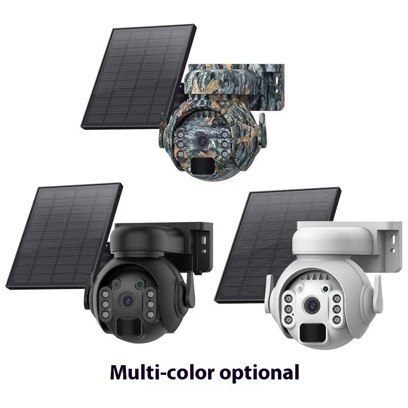 Q55 solar security camera with integrated solar panel in camouflage finish