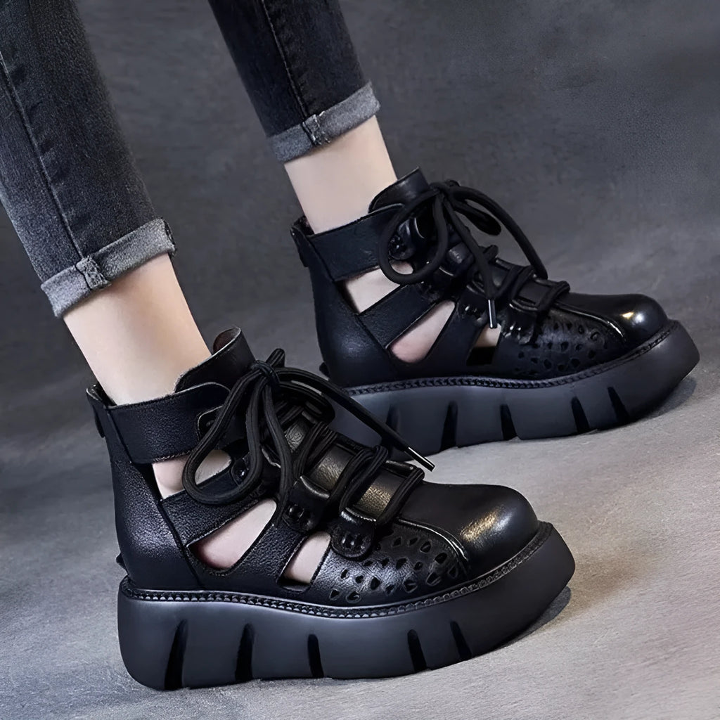 Women's black platform sandals with fish mouth toe and hollow hole leather design