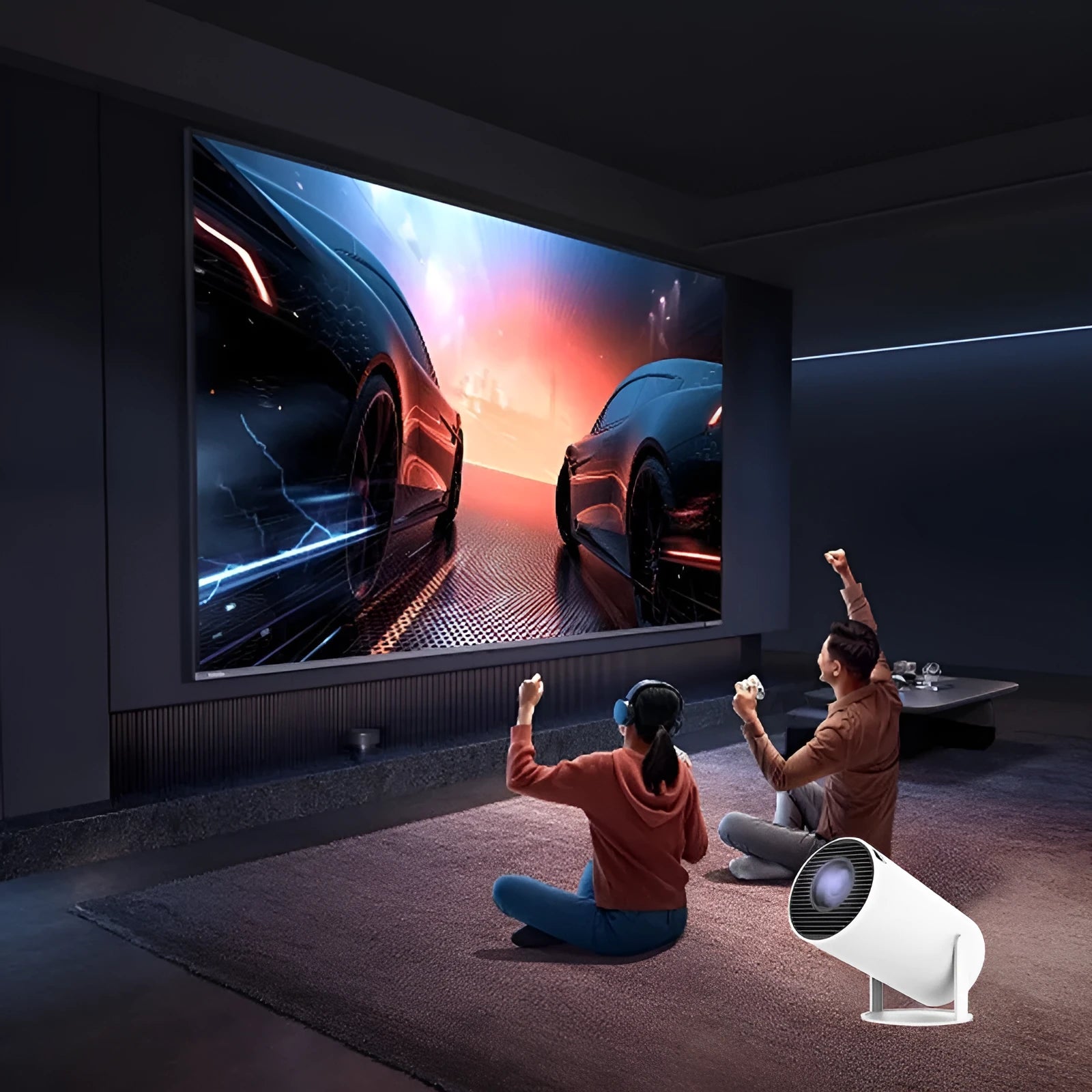 White Barrel X10 PLUS portable smart projector with gamepad and remote control on flat surface