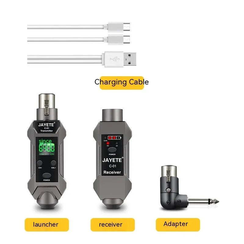 Moving coil microphone converter wireless transmission receiver set with transmitter, receiver, converter head, and charging cable