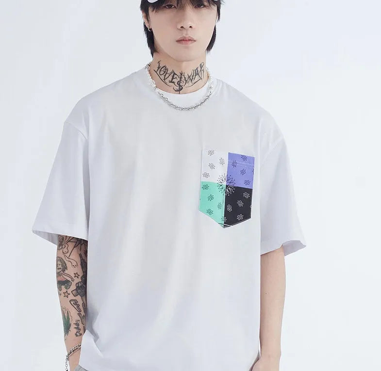 Men's printed short sleeve t-shirt in loose cotton stripe, black pullover