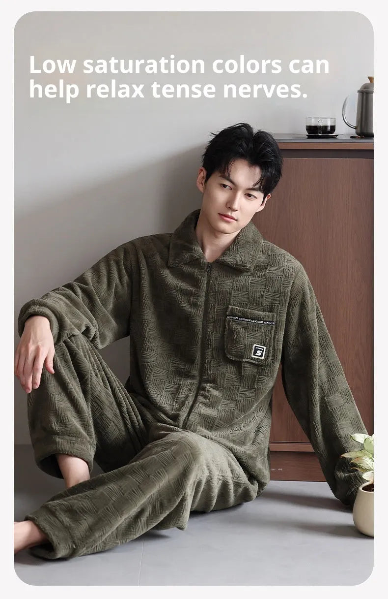 Men's coral velvet pajamas suit in black – super thick flannel two-piece set with top and pants for sleep and outdoor warmth