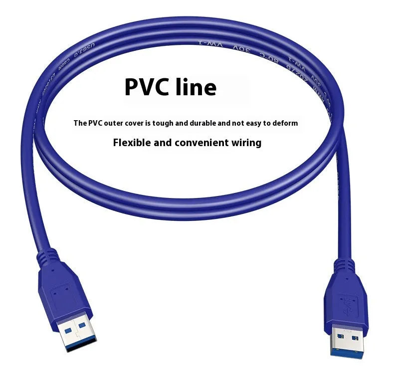 USB 3.0 male-to-male data cable for external hard drives, showing nickel-plated connectors.