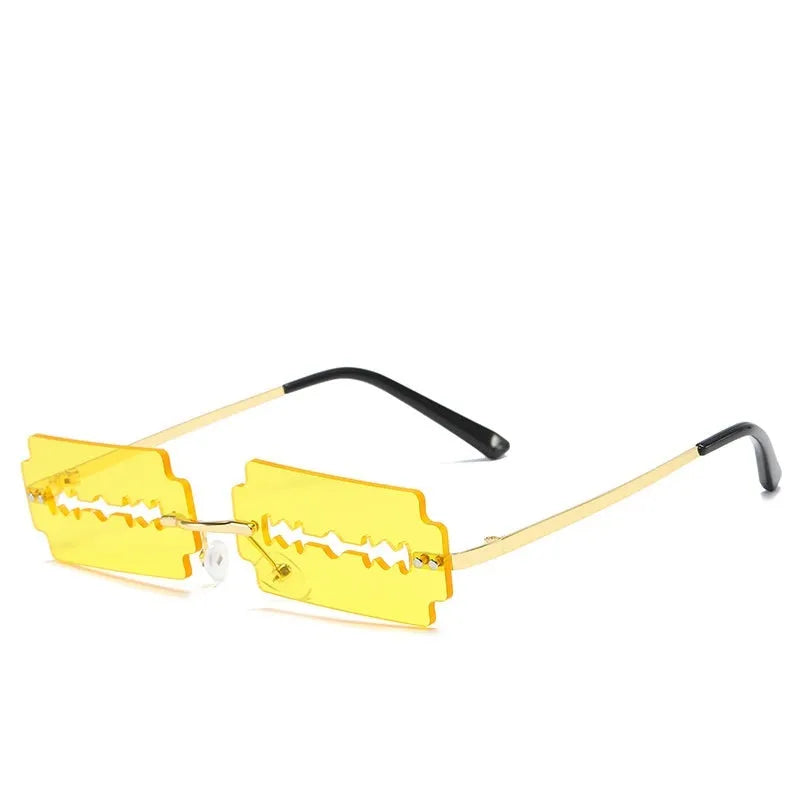 Gold metal rimless sunglasses with UV400 PC lens on a white background