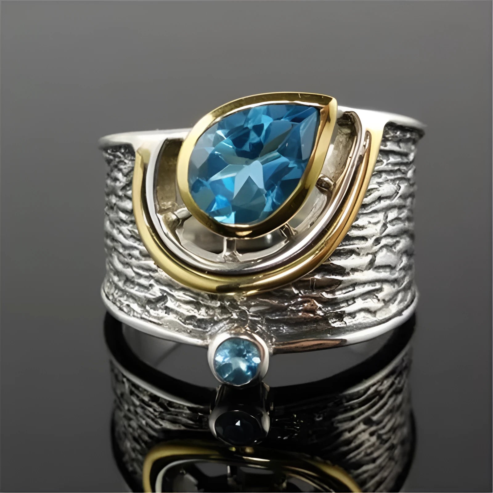 Blue Chinese-style alloy women's ring with inlaid zircon rhinestones in a drop shape.