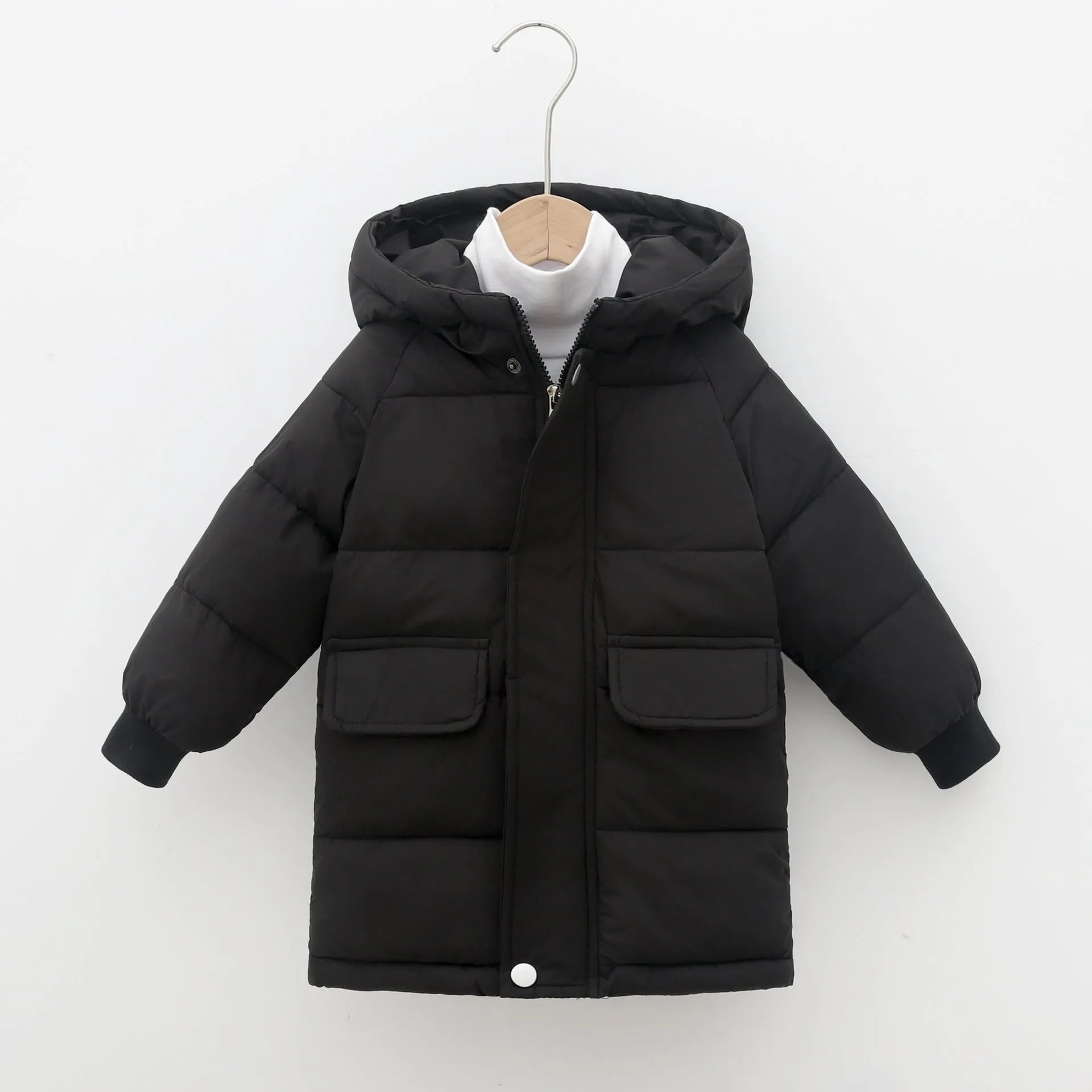Children's mid-length hooded thickened jacket in polyester fibre with zipper, available in multiple colours