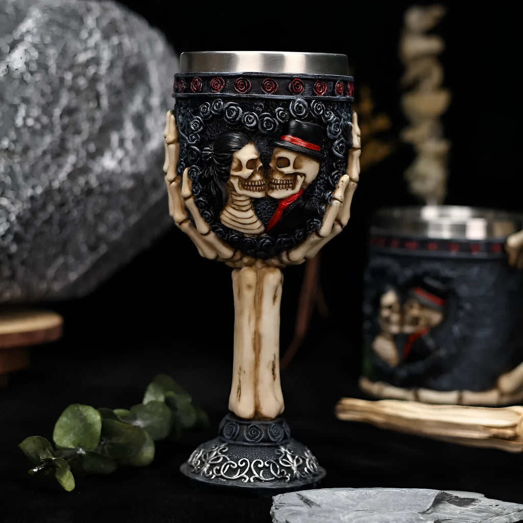 Stainless steel red wine glass with resin skeleton couple decoration, 200ml capacity