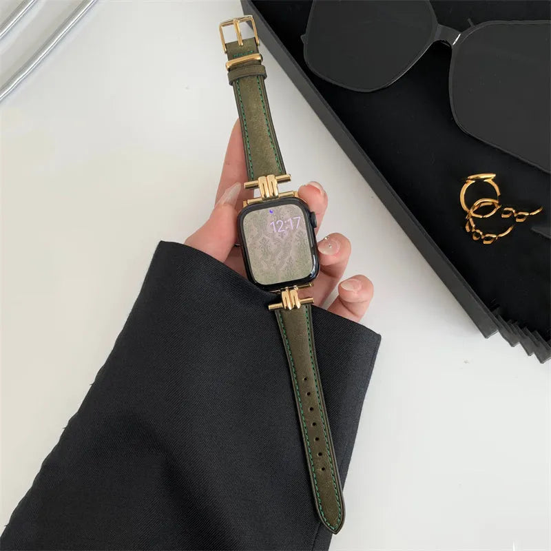 Genuine leather Apple Watch strap with metal stitching in brown colour on a dark background