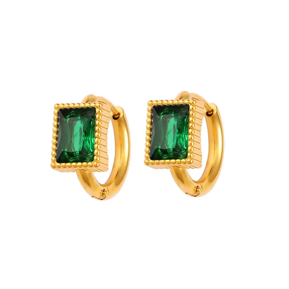 Square zircon stainless steel earrings with geometric design in white, black or green colours