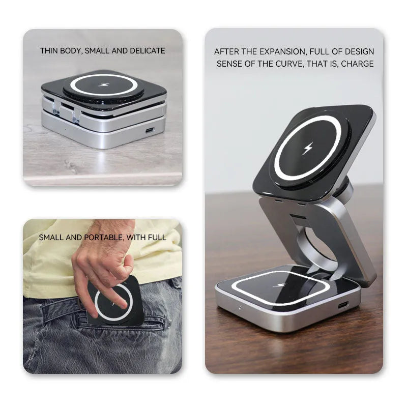 Three-in-one desktop wireless charging bracket showing iPhone, Samsung phone, and Pixel Watch charging simultaneously