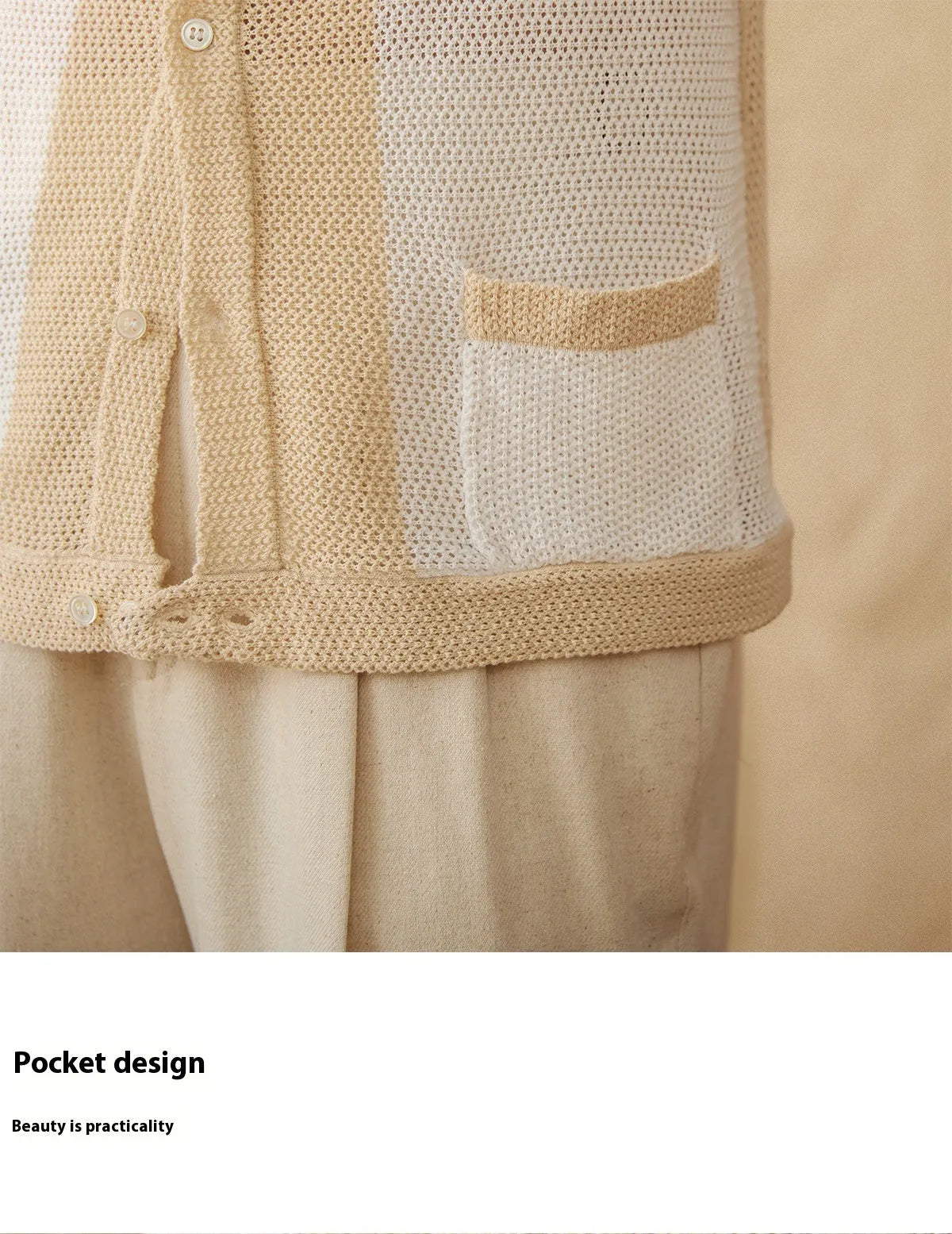 Beige short-sleeved women's cardigan with a lapel collar, made from a thin linen and cotton blend fabric.