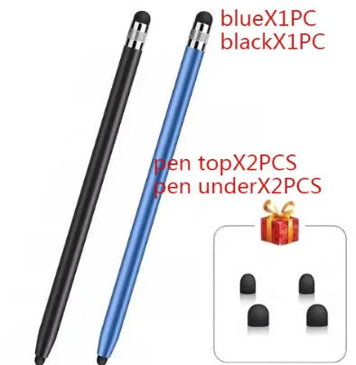 Two-in-one metal touch screen stylus pen shown in multiple colour options including black, silver, blue, and pink.
