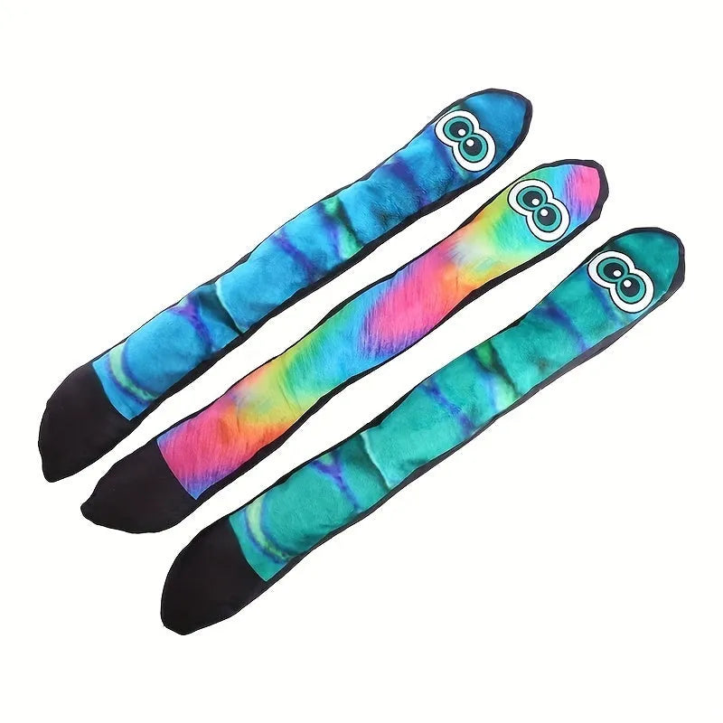 Multicolor stripe print snake plush squeaky toy for dogs on a white background.