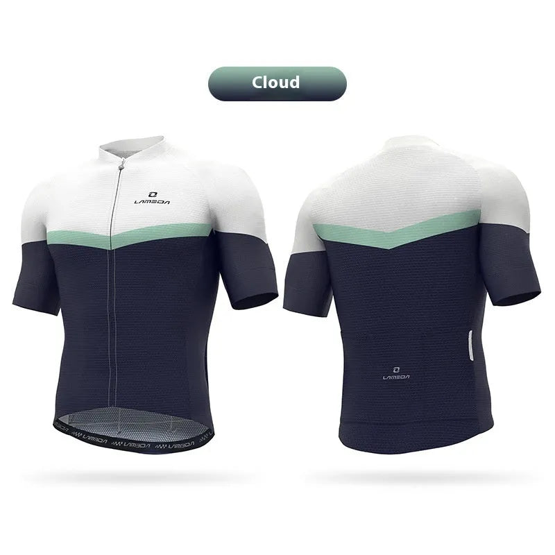 Short-sleeve cycling jersey top in polyester with moisture wicking for mountain and highway bike rides