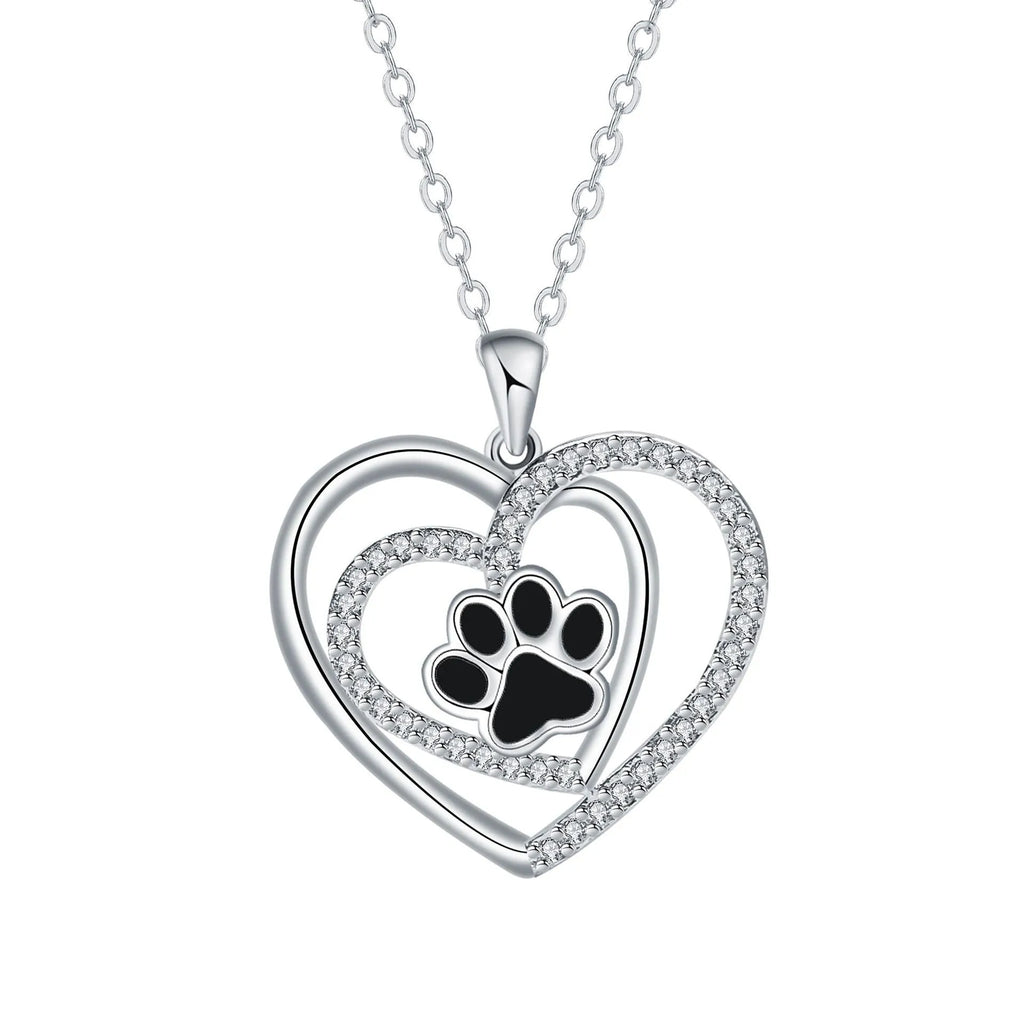 Women's dog paw print heart necklace with electroplated copper pendant and cross chain