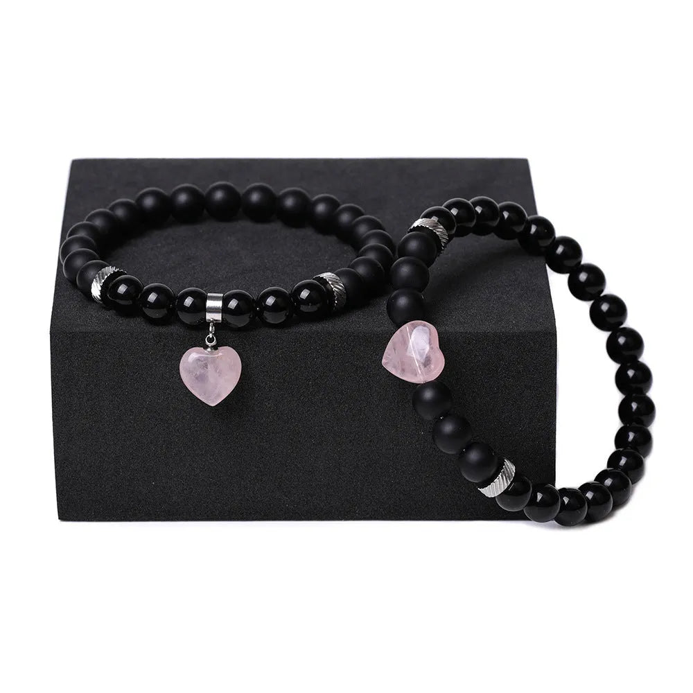 Natural stone couple matching bracelets with polished heart pendants in multiple colour variations