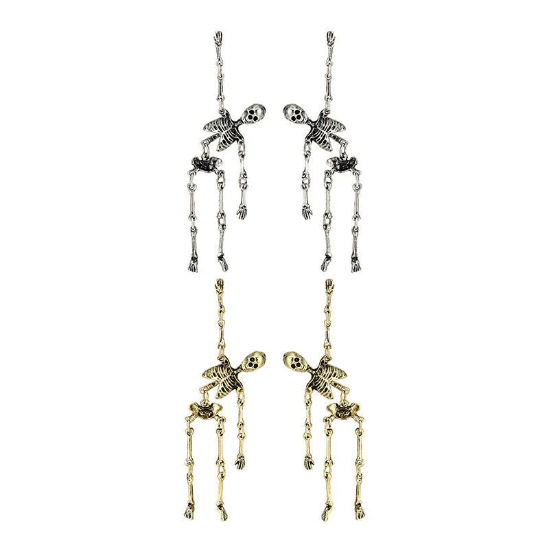 Exaggerated zinc alloy skull earrings in antique silver with line-patterned detailing, unisex design