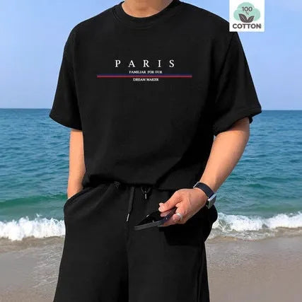 Men's pure cotton short-sleeve t-shirt with letter printing in apricot colour, loose fit style