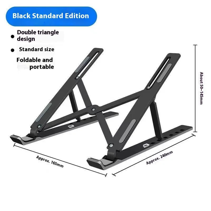 Aluminium folding laptop stand in silver colour with cooling gap beneath device placement area