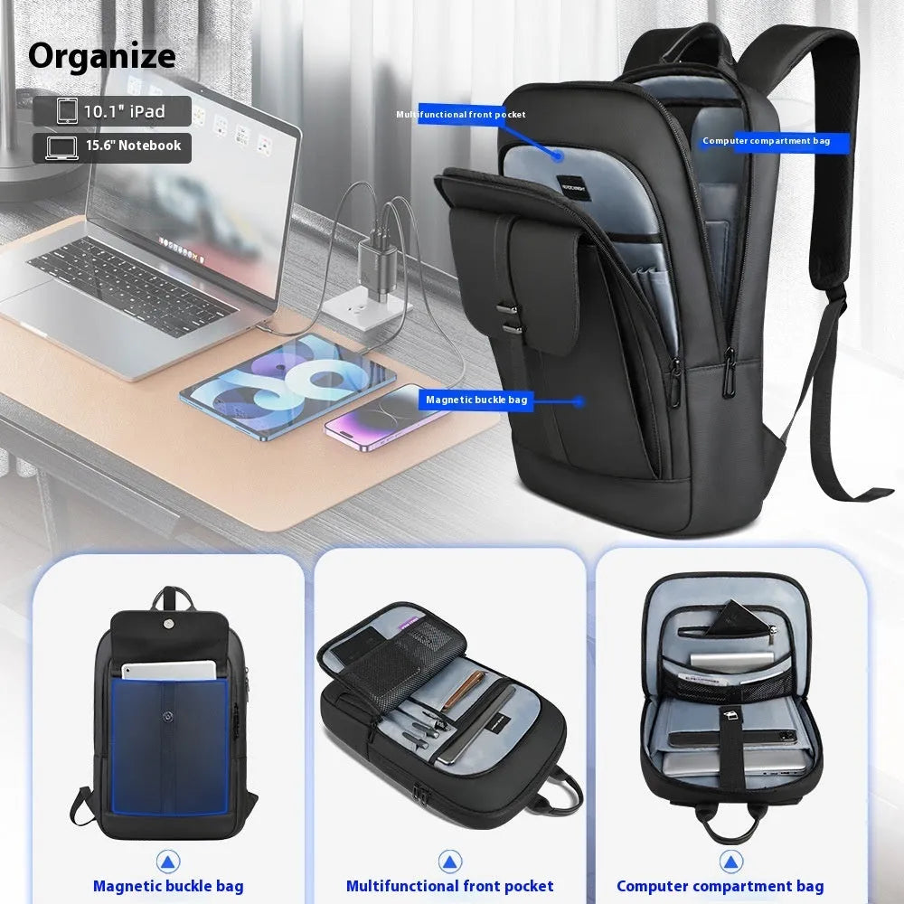 Black Oxford cloth backpack with sewing line details for business commuting