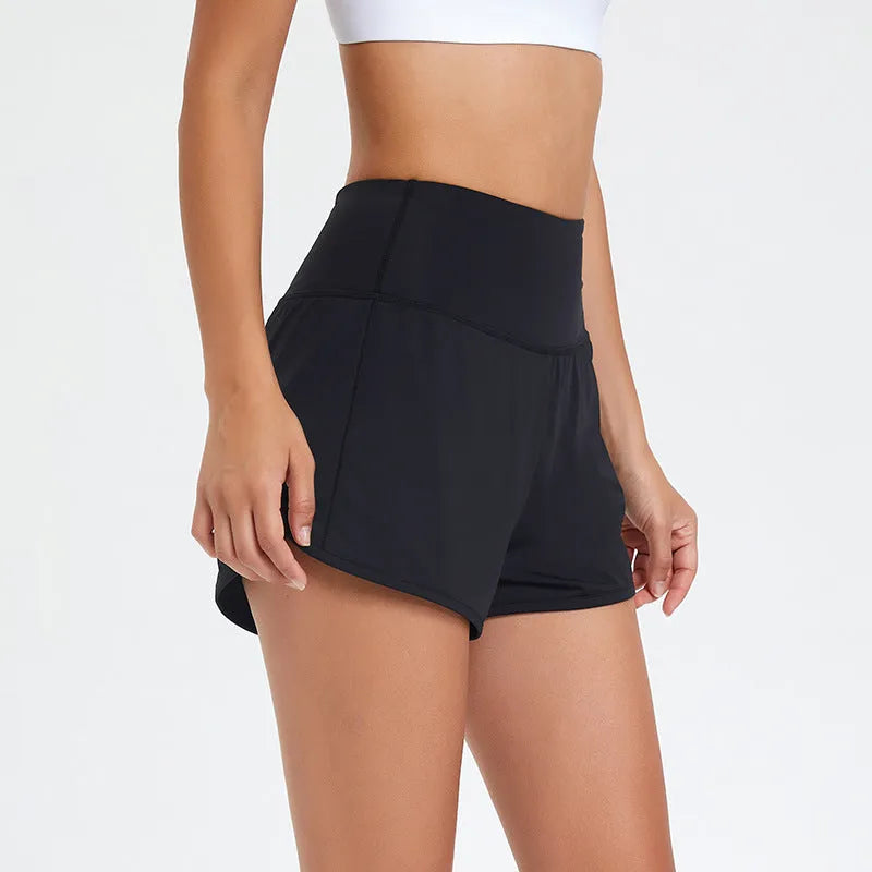 Women's high-waist nylon fitness shorts in black, quick-drying for summer sports