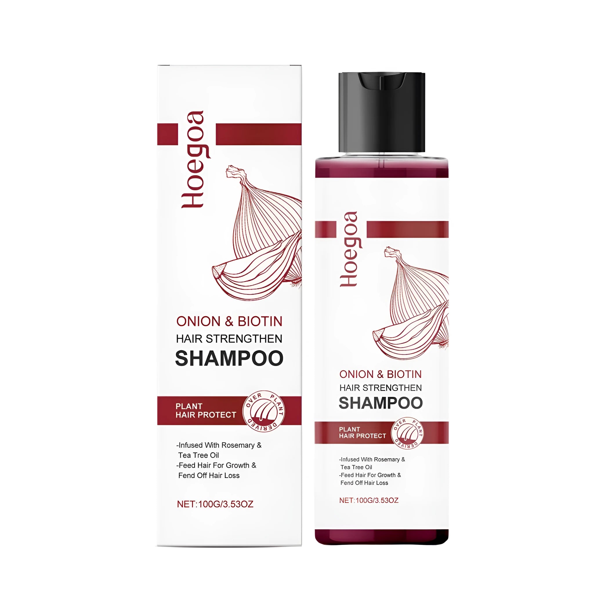 100 ml bottle of shampoo containing onion extract, biotin, rosemary and tea tree oil