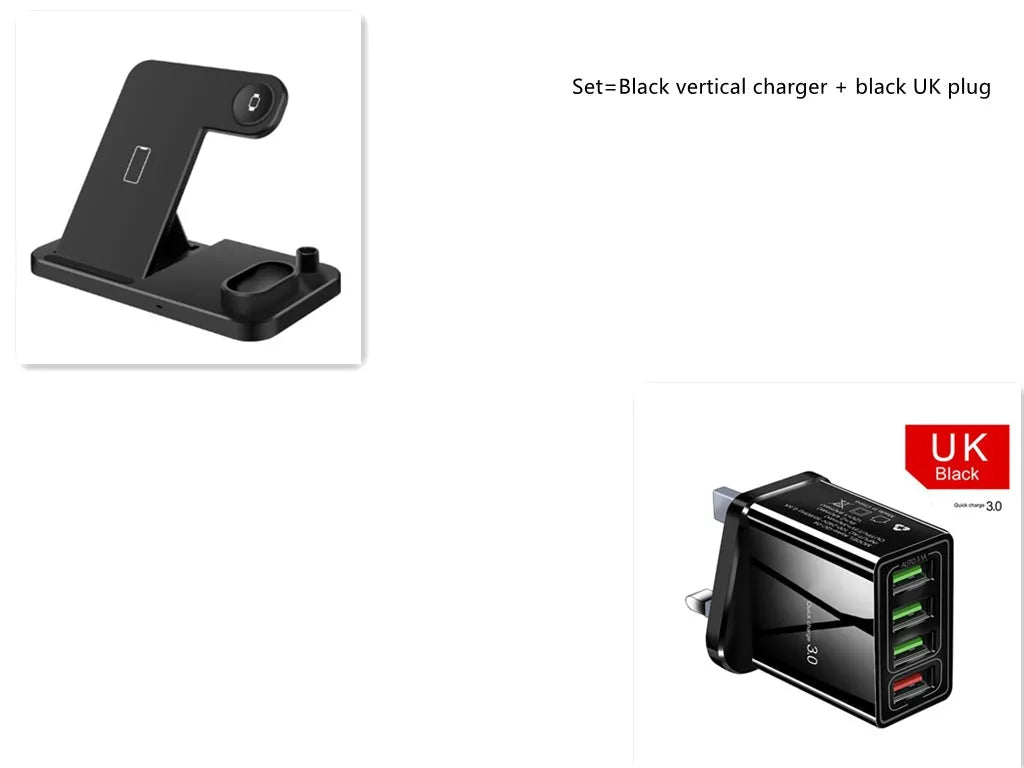 4-in-1 wireless charging dock showing iPhone, Apple Watch, AirPods and Apple Pencil charging simultaneously on adjustable stand.
