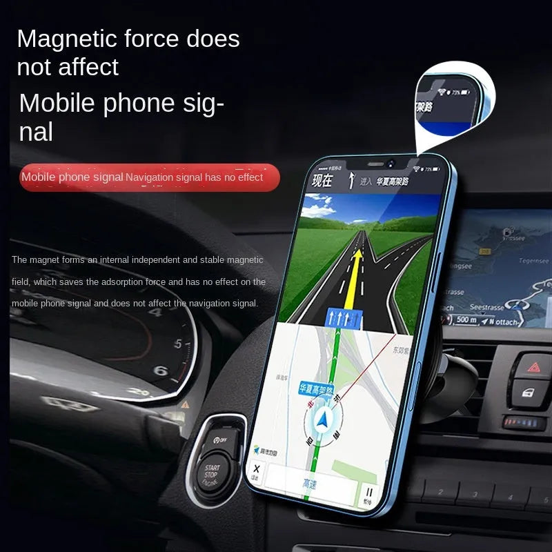 Black aluminium alloy magnetic phone holder attached to a car air vent.